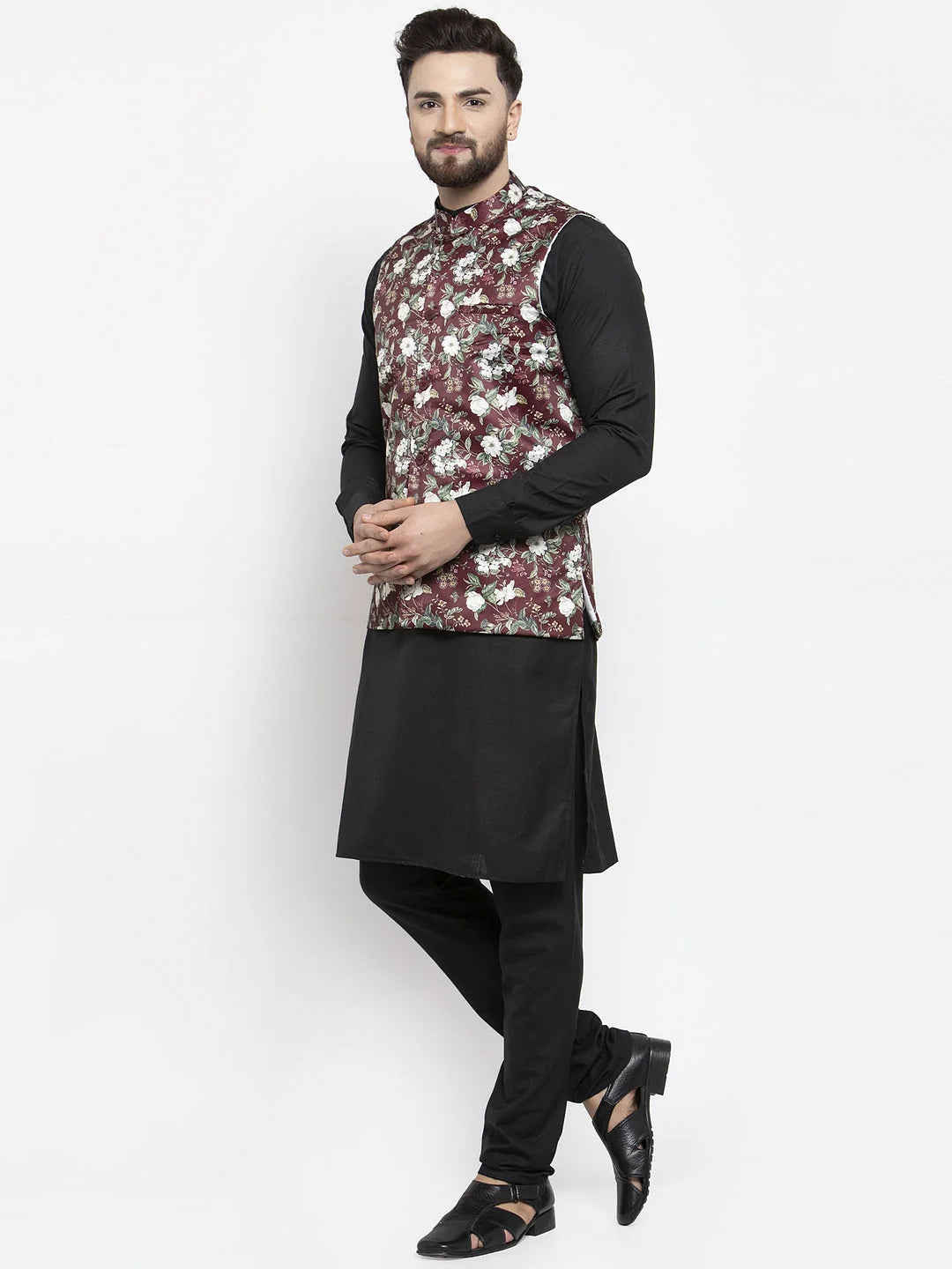 Men's Cotton Kurta Pajama Set with Maroon Printed Waistcoat