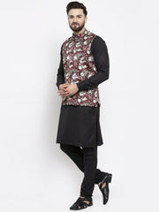 Men's Solid Cotton Kurta Pajama with Maroon Printed Waistcoat