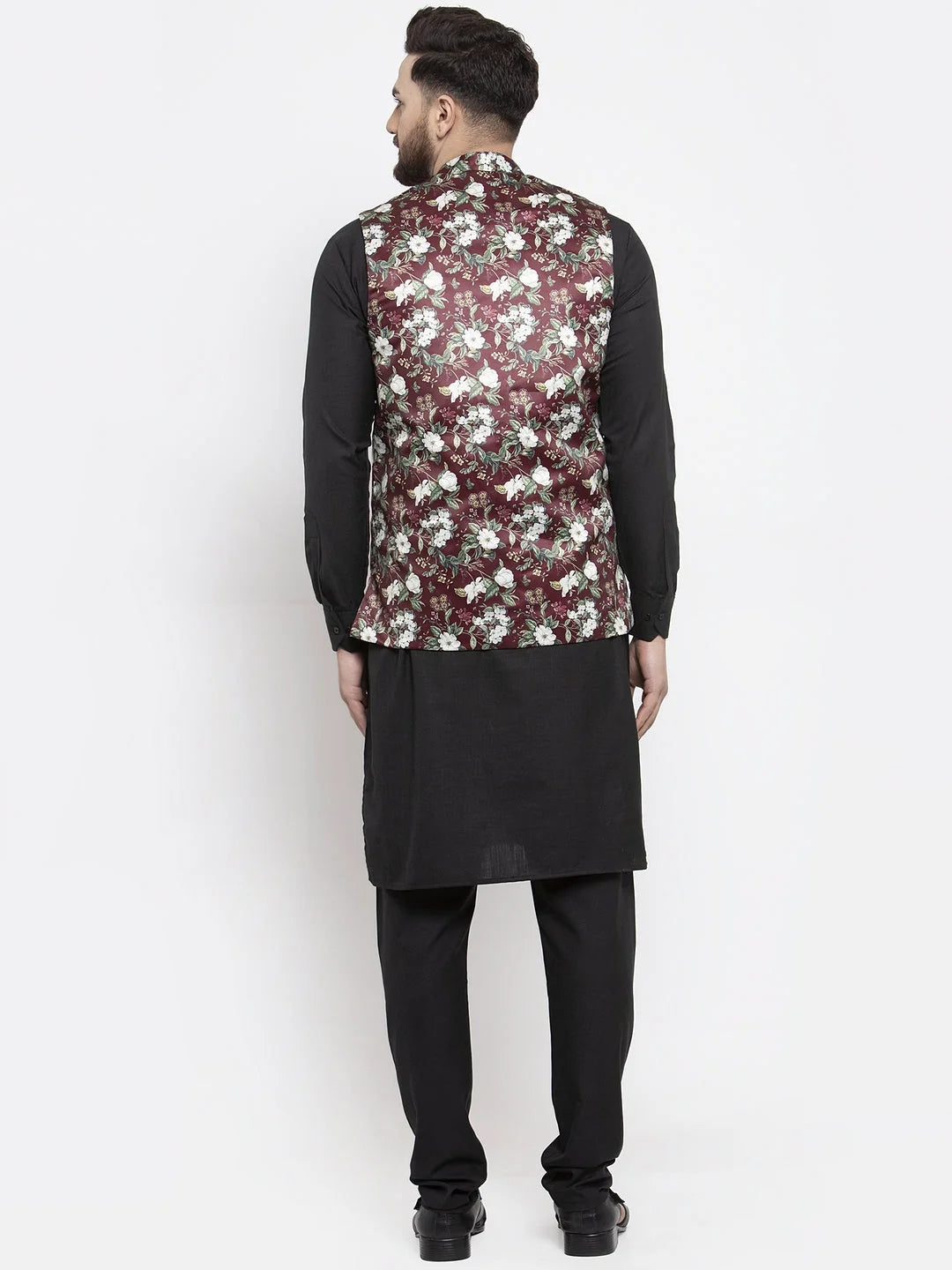 Men's Cotton Kurta Pajama Set with Maroon Printed Waistcoat