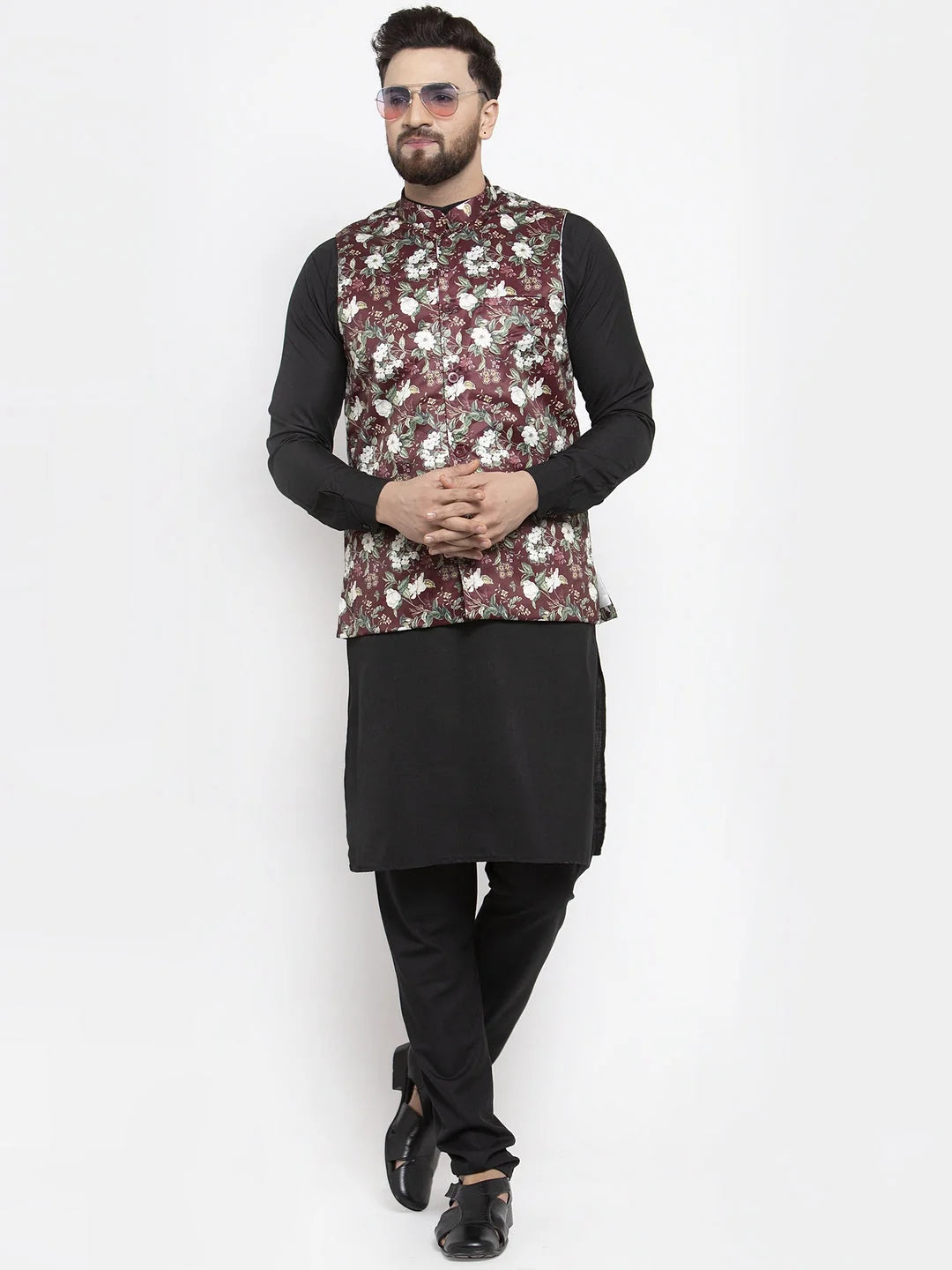 Men's Cotton Kurta Pajama Set with Maroon Printed Waistcoat