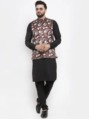 Men's Solid Cotton Kurta Pajama with Maroon Printed Waistcoat