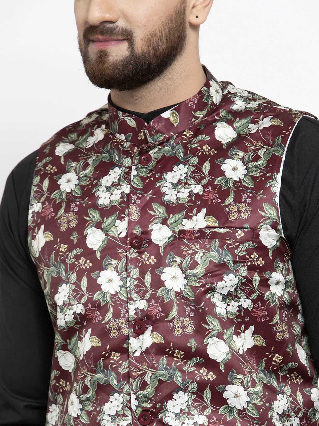 Men's Cotton Kurta Pajama Set with Maroon Printed Waistcoat