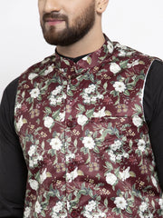Men's Solid Cotton Kurta Pajama with Maroon Printed Waistcoat