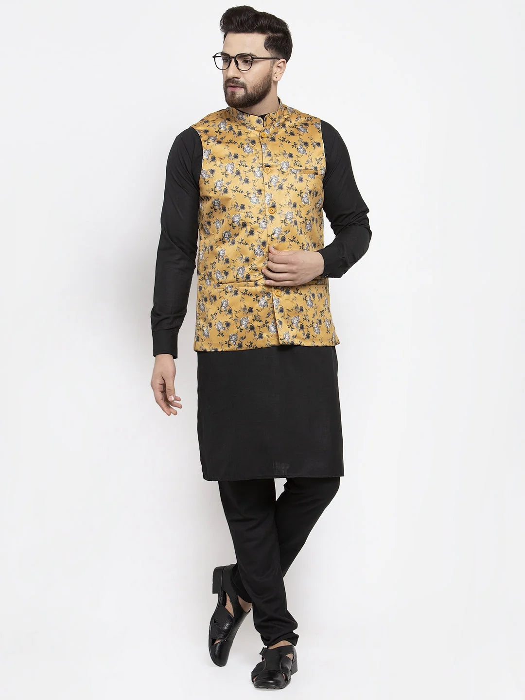 Mens Cotton Kurta Pajama with Mustard Nehru Jacket | Ethnic Set