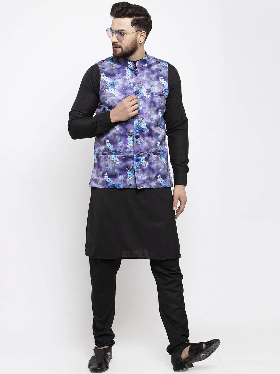 Black Cotton Kurta Pajama with Violet Nehru Jacket | Mens Set