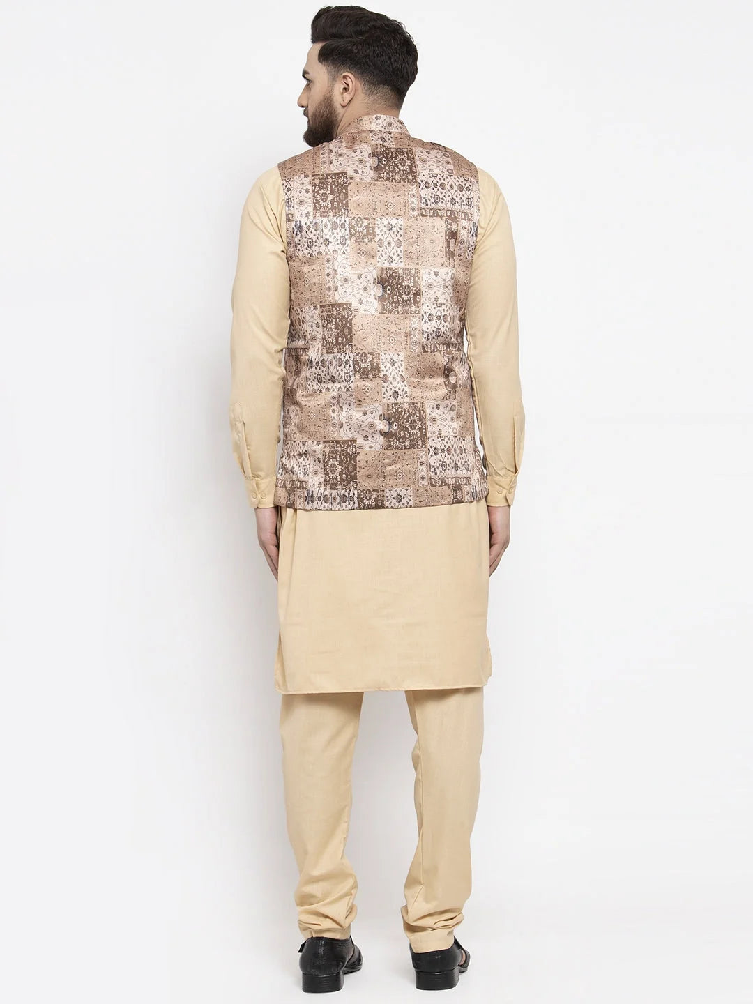 Beige Cotton Kurta Pajama with Printed Waistcoat | Mens Kurta Set