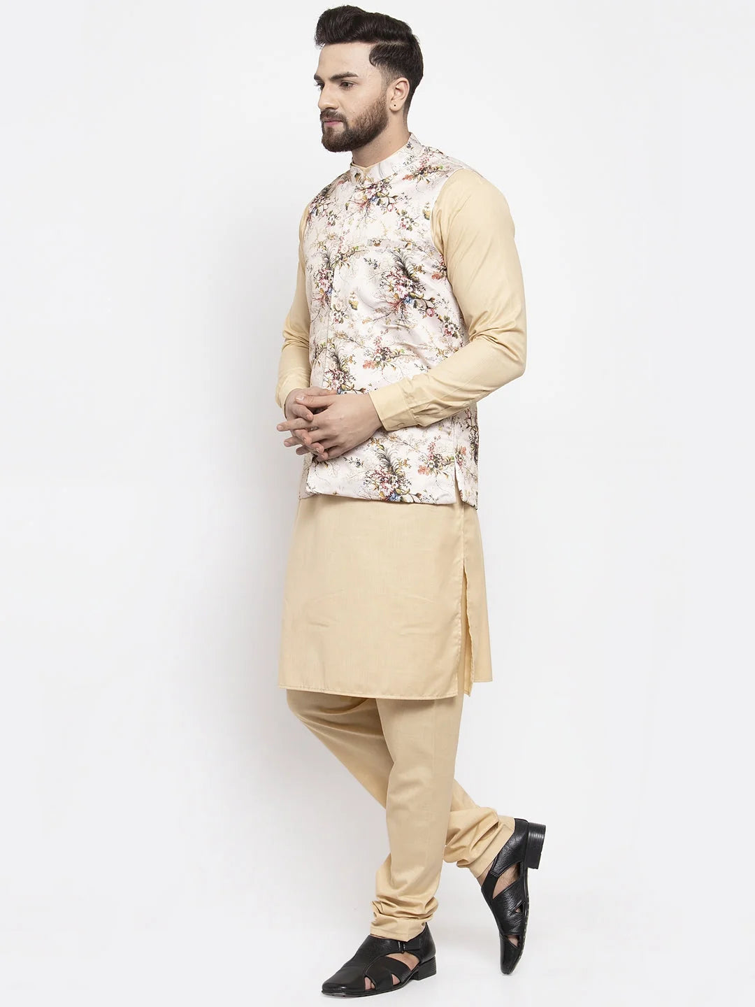 Beige Cotton Kurta Pajama with Nehru Jacket - Mens Ethnic Set
