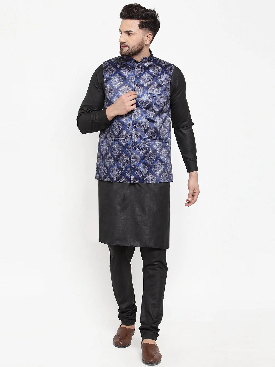Cotton Kurta Pajama Set with Printed Waistcoat - Mens Ethnic Wear