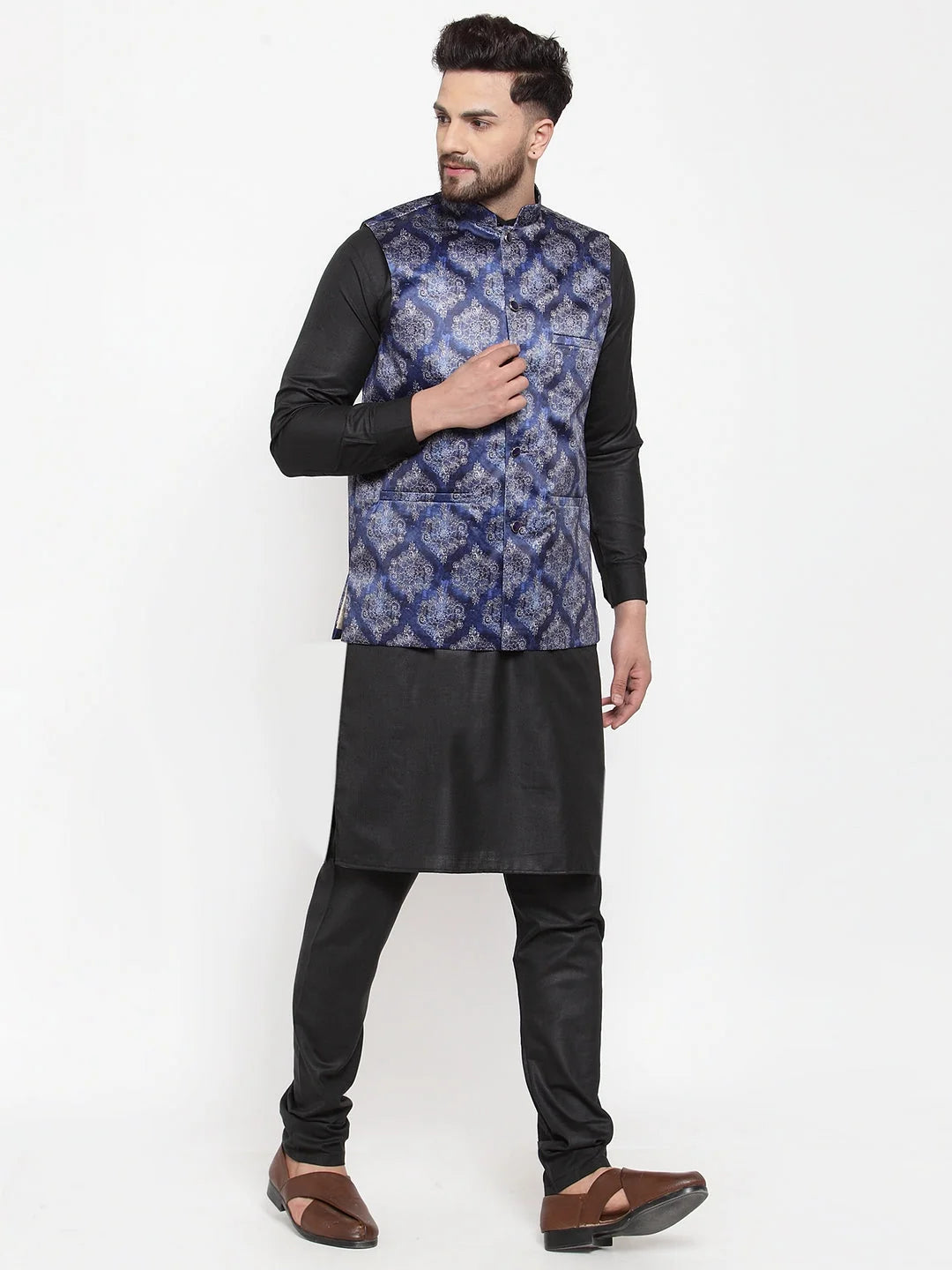 Cotton Kurta Pajama Set with Printed Waistcoat - Mens Ethnic Wear