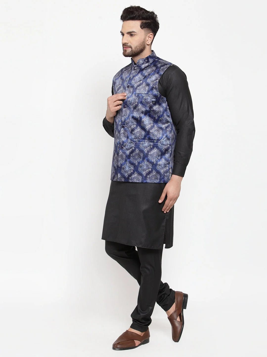 Cotton Kurta Pajama Set with Printed Waistcoat - Mens Ethnic Wear