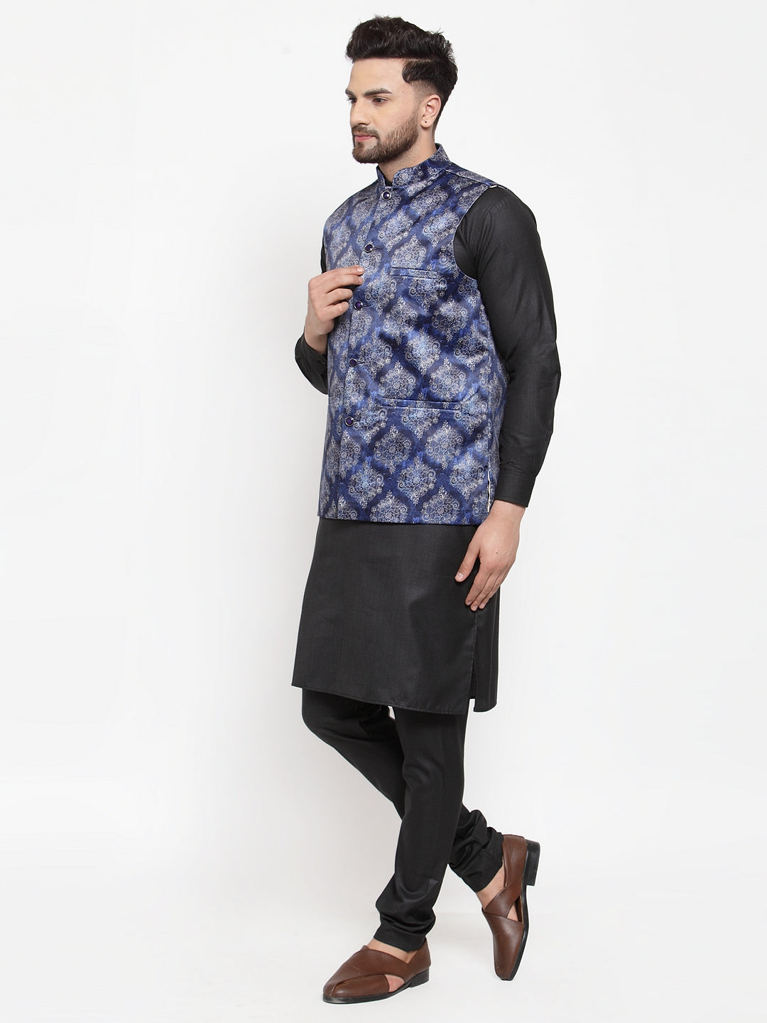 Cotton Kurta Pajama Set with Printed Waistcoat - Mens Ethnic Wear