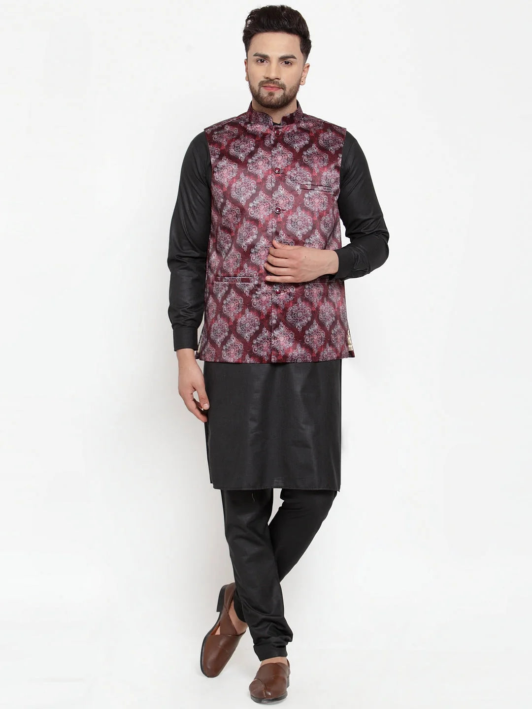 Premium Cotton Mens Kurta Pajama Set with Printed Waistcoat
