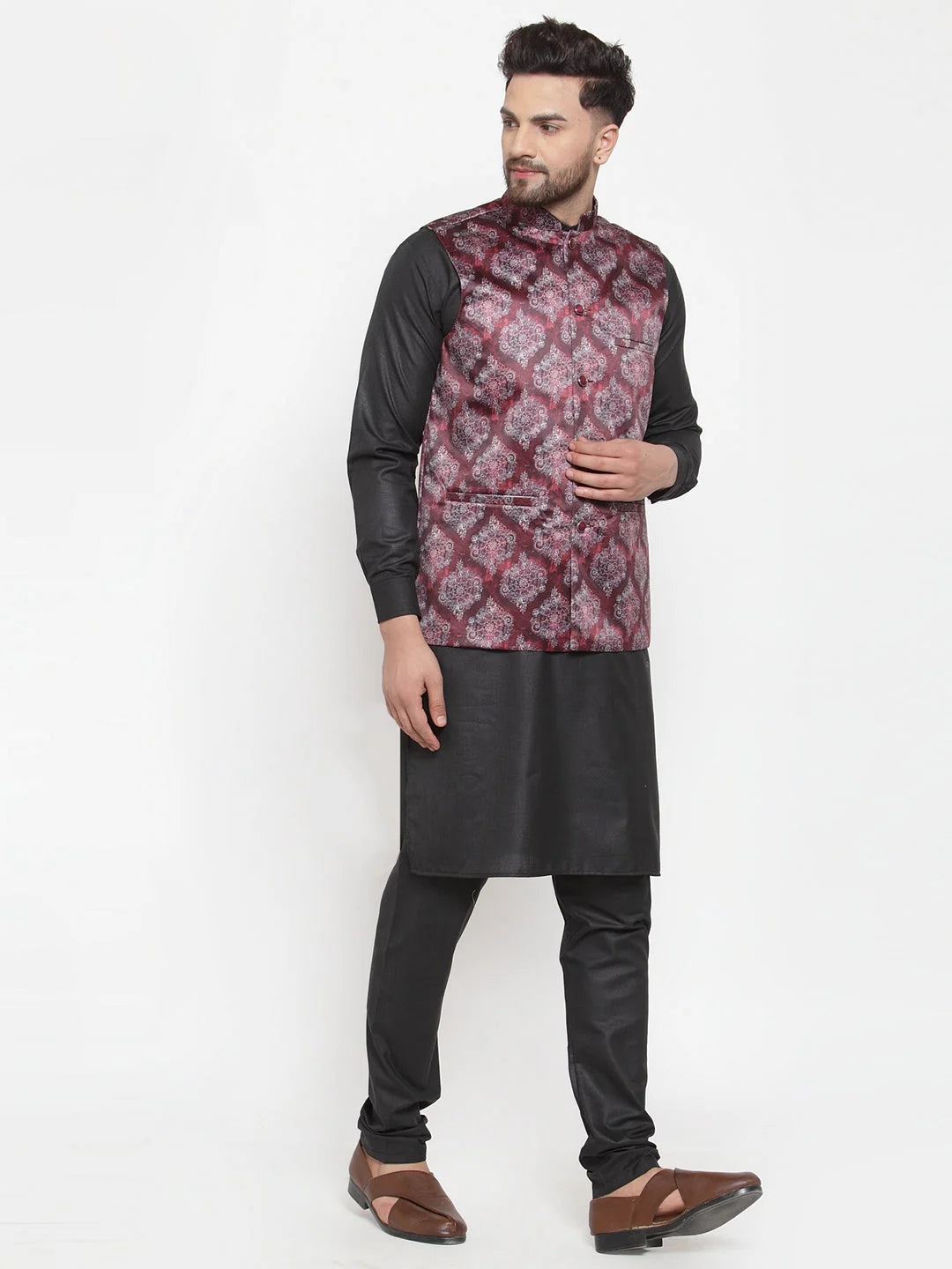 Premium Cotton Mens Kurta Pajama Set with Printed Waistcoat