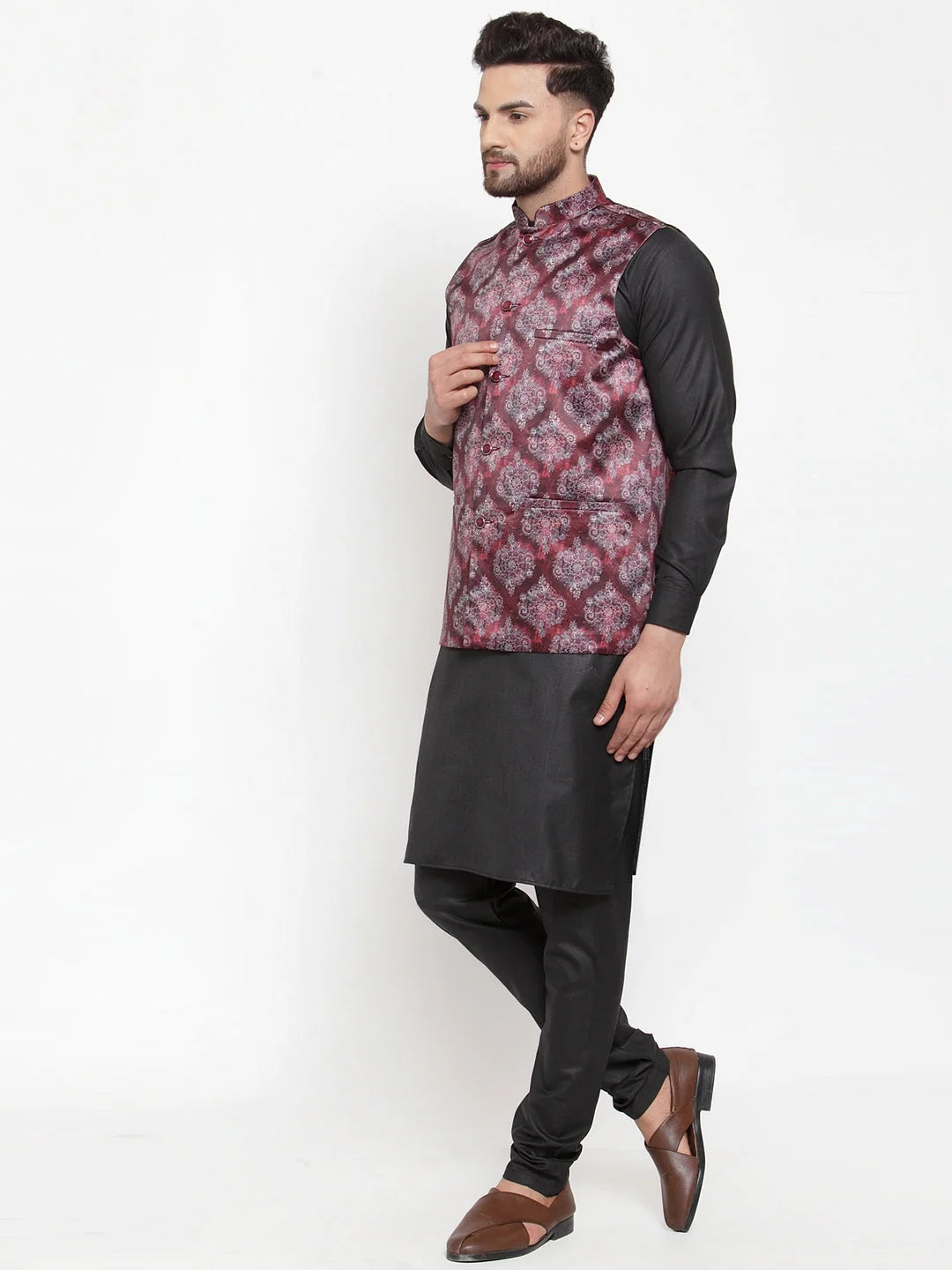 Premium Cotton Mens Kurta Pajama Set with Printed Waistcoat