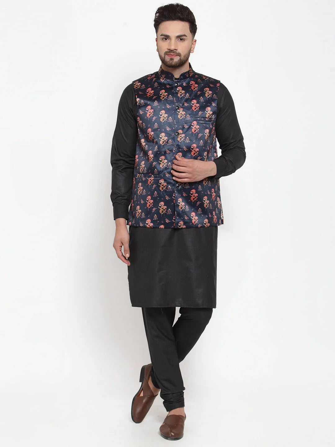 Men's Solid Cotton Kurta Pajama with Jet Printed Waistcoat
