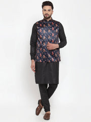 Men's Solid Cotton Kurta Pajama with Jet Printed Waistcoat