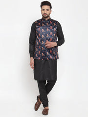 Men's Solid Cotton Kurta Pajama with Jet Printed Waistcoat