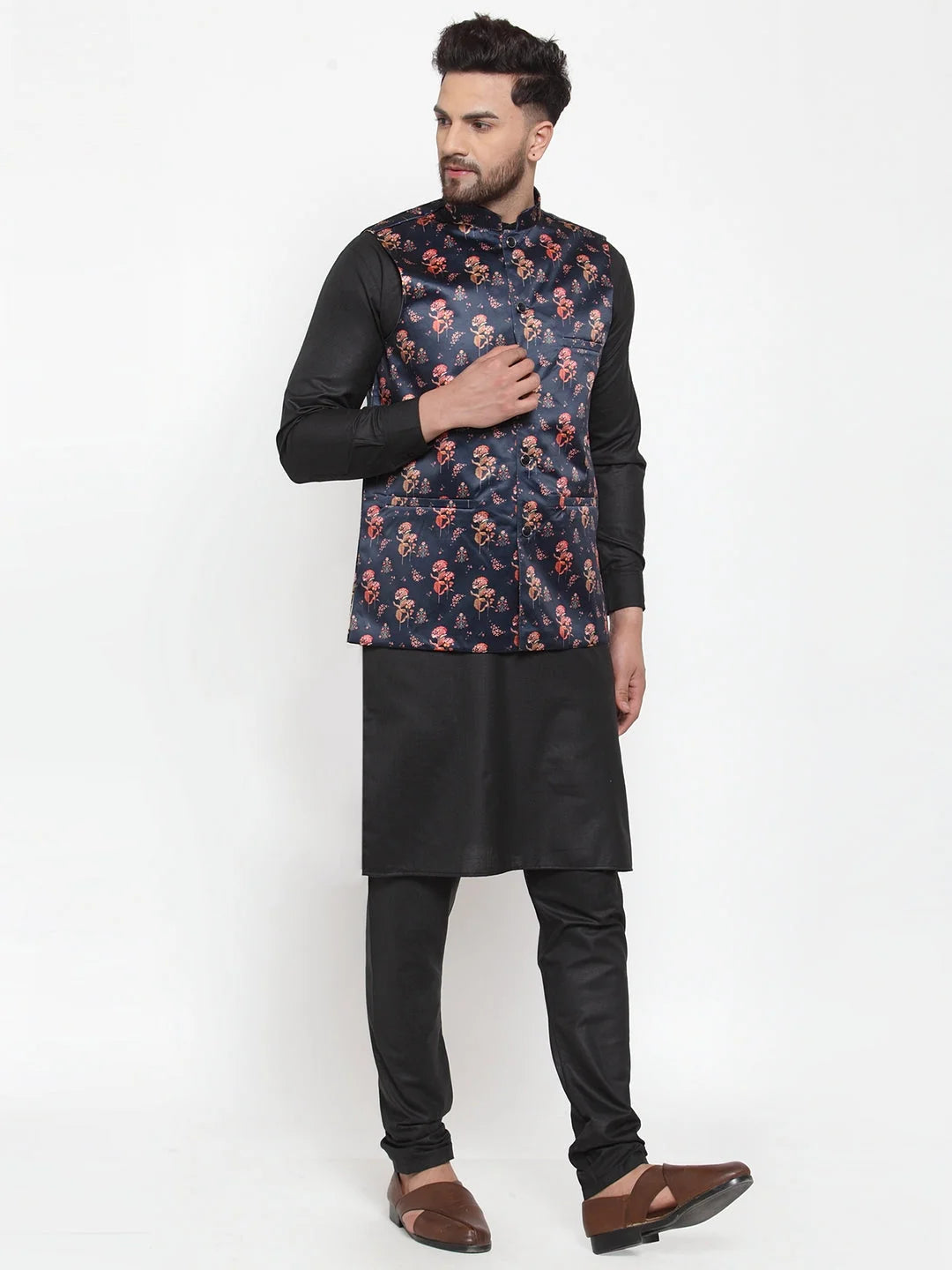 Solid Cotton Mens Kurta Pajama Set with Jet Printed Waistcoat