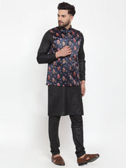 Men's Solid Cotton Kurta Pajama with Jet Printed Waistcoat