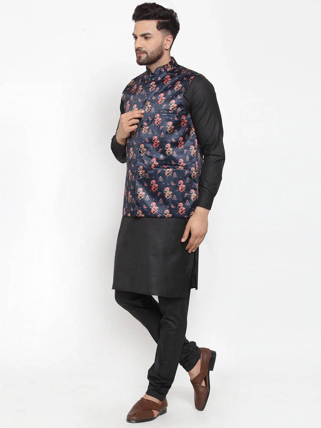 Solid Cotton Mens Kurta Pajama Set with Jet Printed Waistcoat