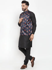 Men's Solid Cotton Kurta Pajama with Jet Printed Waistcoat