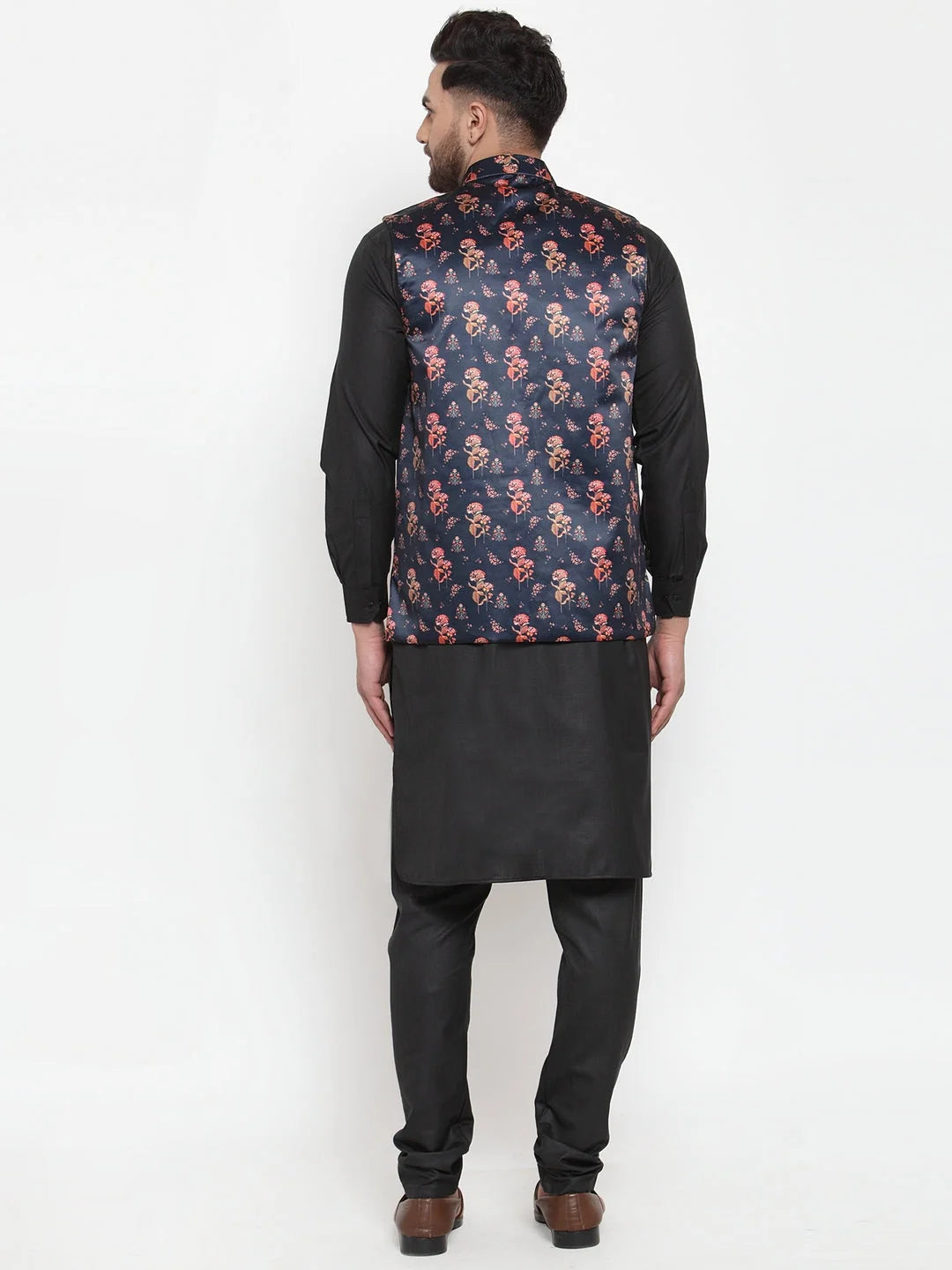 Solid Cotton Mens Kurta Pajama Set with Jet Printed Waistcoat