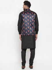 Men's Solid Cotton Kurta Pajama with Jet Printed Waistcoat