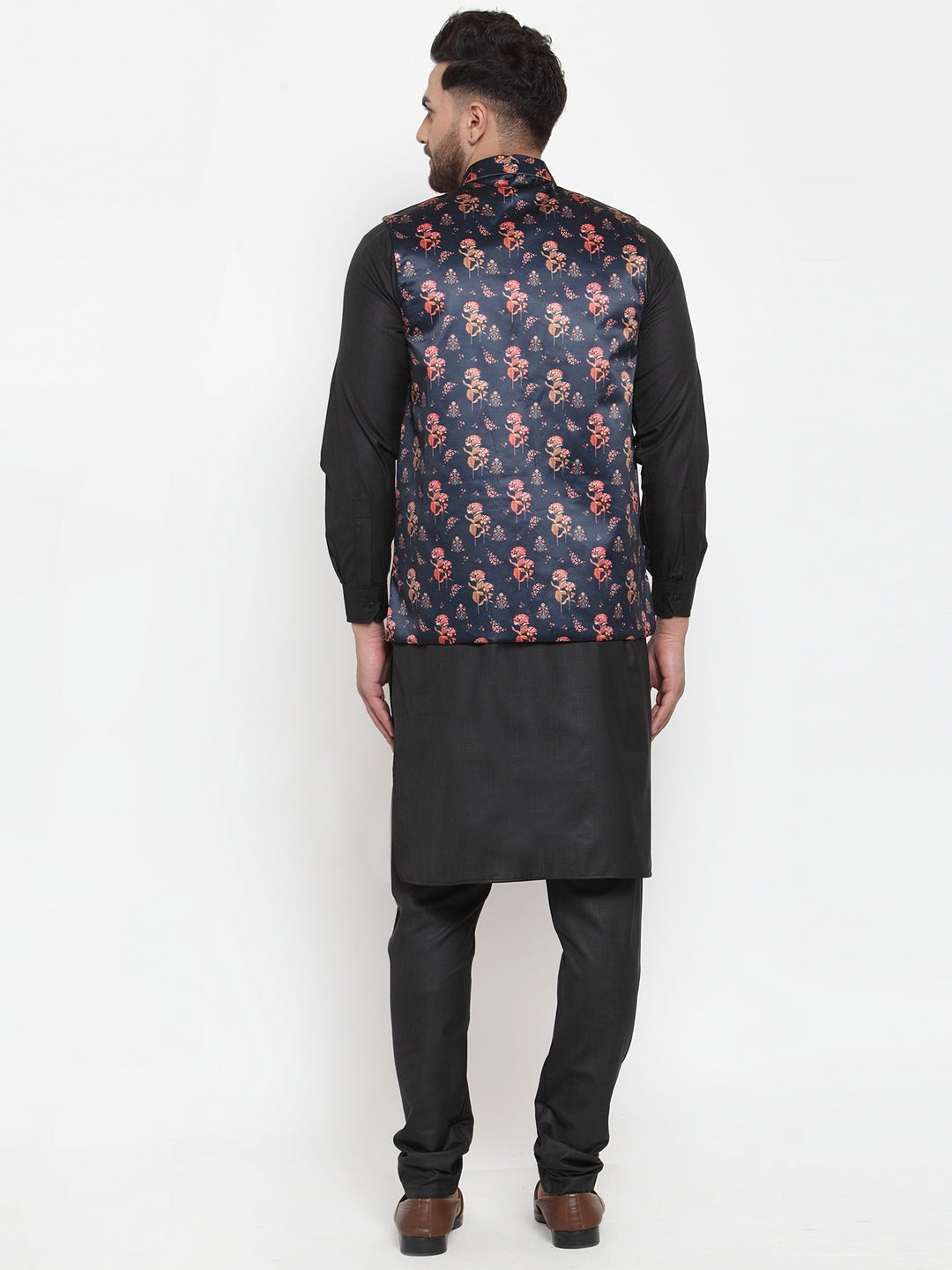 Solid Cotton Mens Kurta Pajama Set with Jet Printed Waistcoat