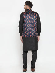 Men's Solid Cotton Kurta Pajama with Jet Printed Waistcoat