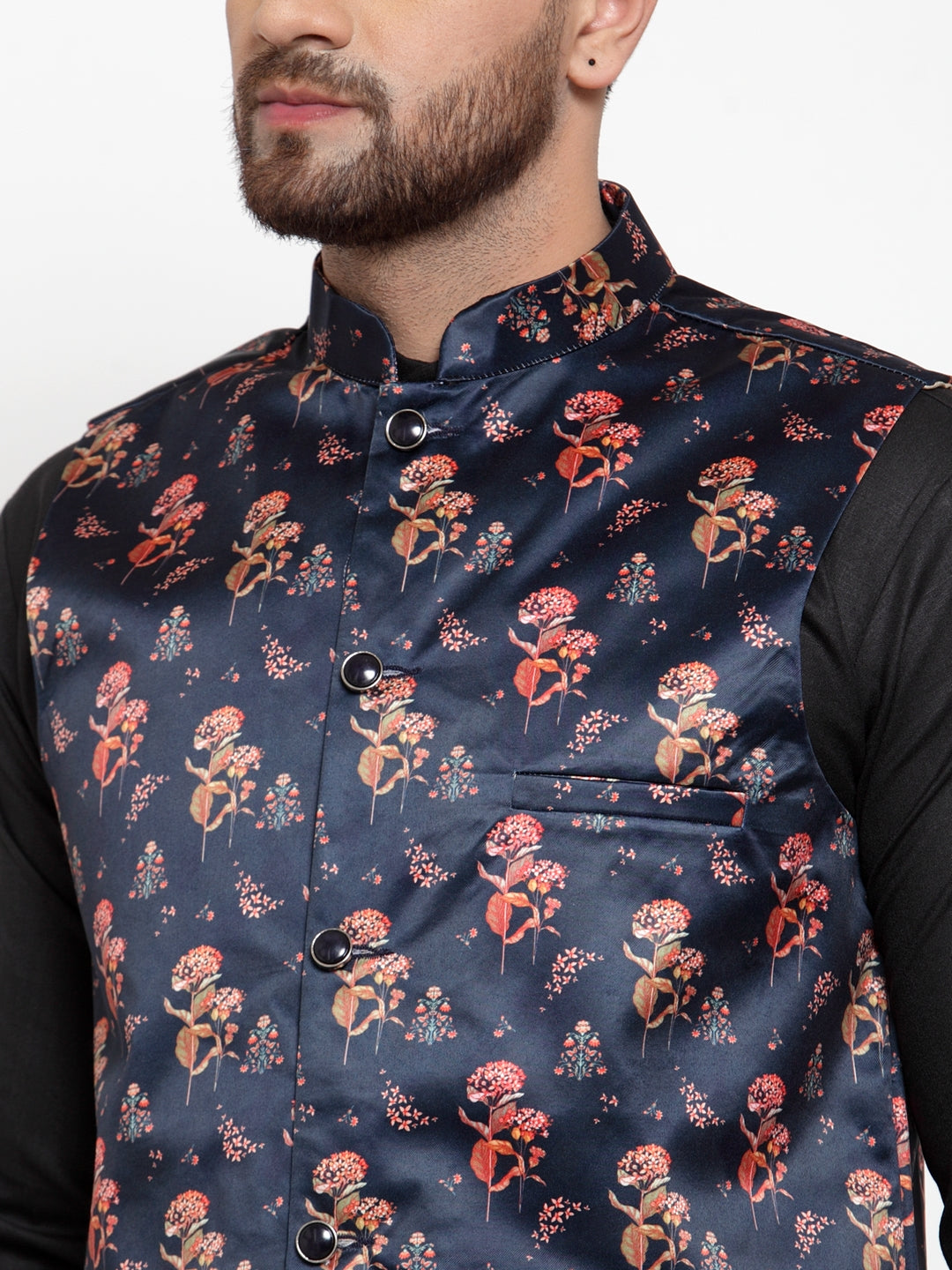 Solid Cotton Mens Kurta Pajama Set with Jet Printed Waistcoat