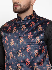 Men's Solid Cotton Kurta Pajama with Jet Printed Waistcoat