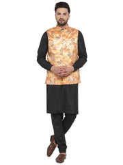 Men's Solid Jet Cotton Kurta Pajama with Printed Waistcoat