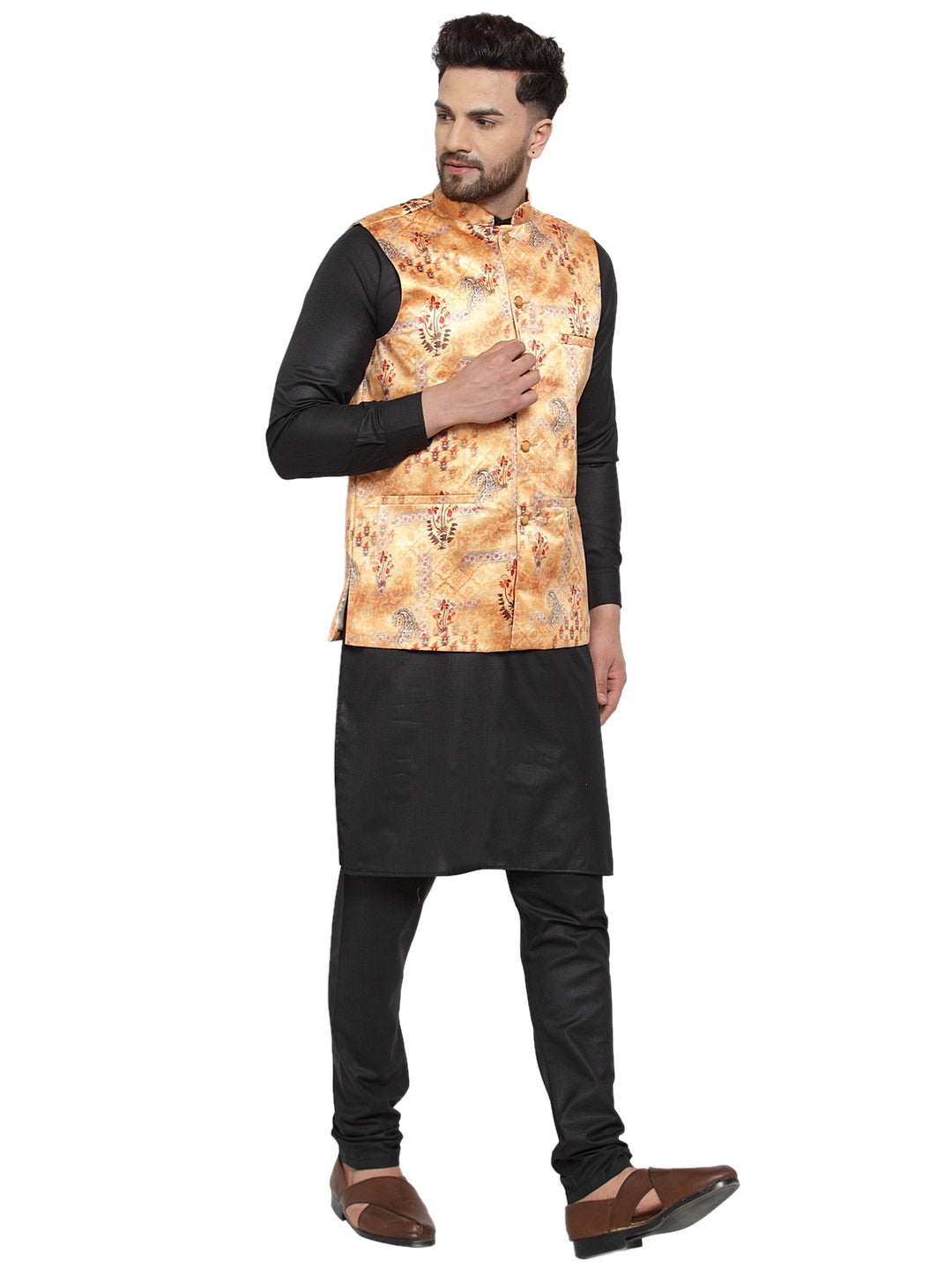 Jet Cotton Mens Kurta Pajama Set with Printed Waistcoat