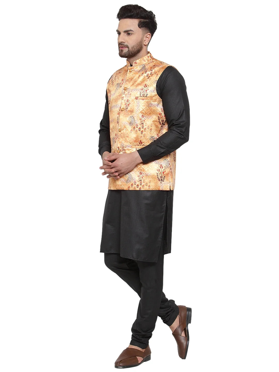 Jet Cotton Mens Kurta Pajama Set with Printed Waistcoat