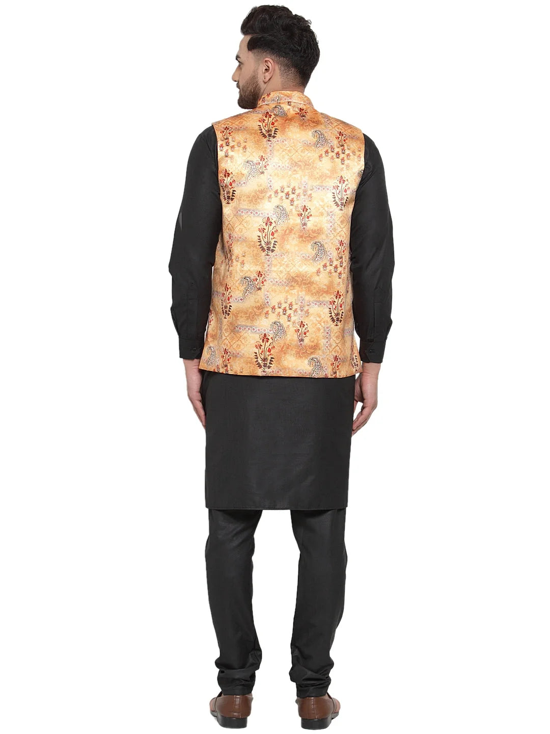 Jet Cotton Mens Kurta Pajama Set with Printed Waistcoat