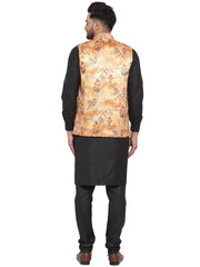 Men's Solid Jet Cotton Kurta Pajama with Printed Waistcoat
