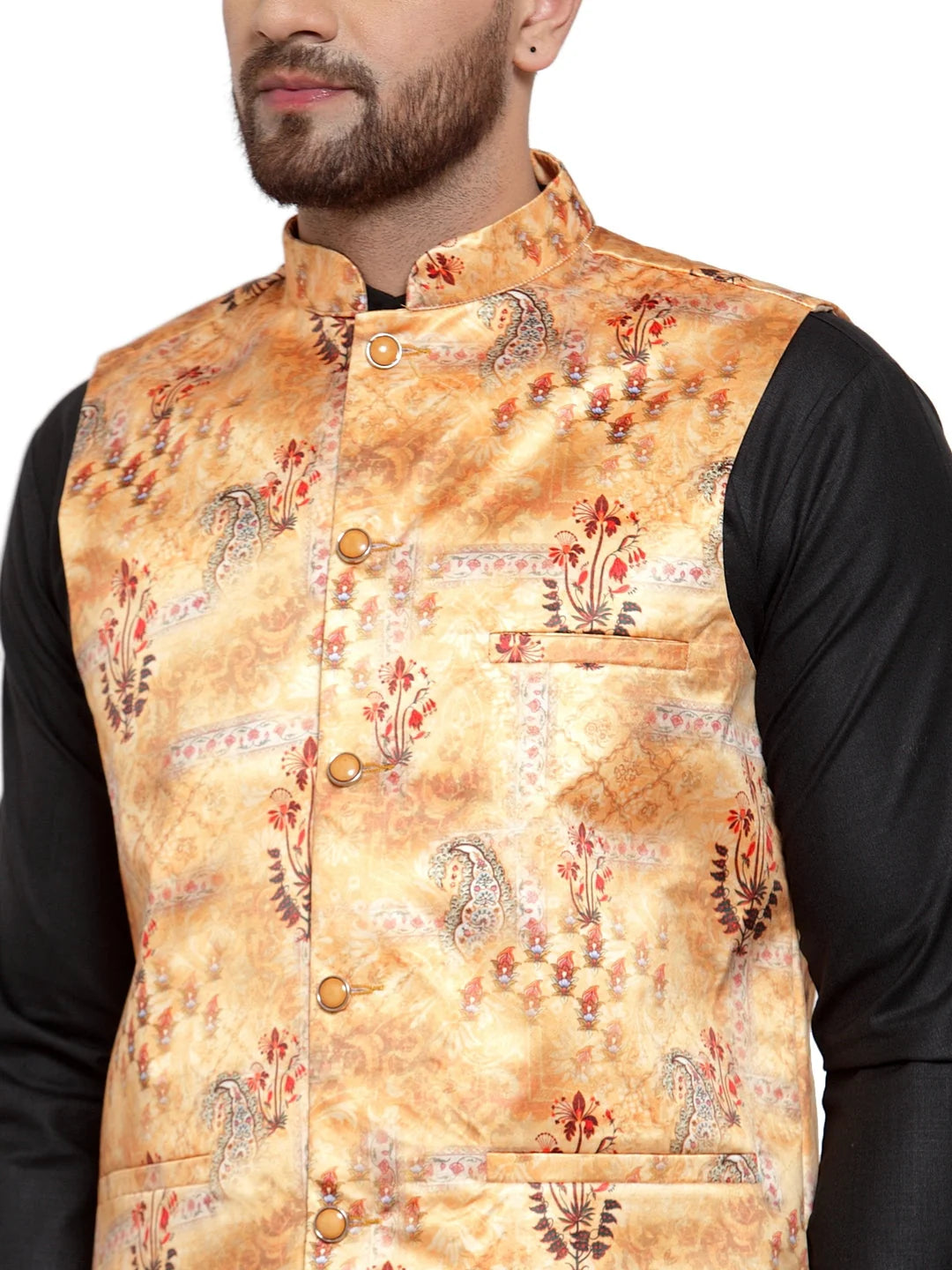 Jet Cotton Mens Kurta Pajama Set with Printed Waistcoat