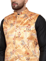 Men's Solid Jet Cotton Kurta Pajama with Printed Waistcoat