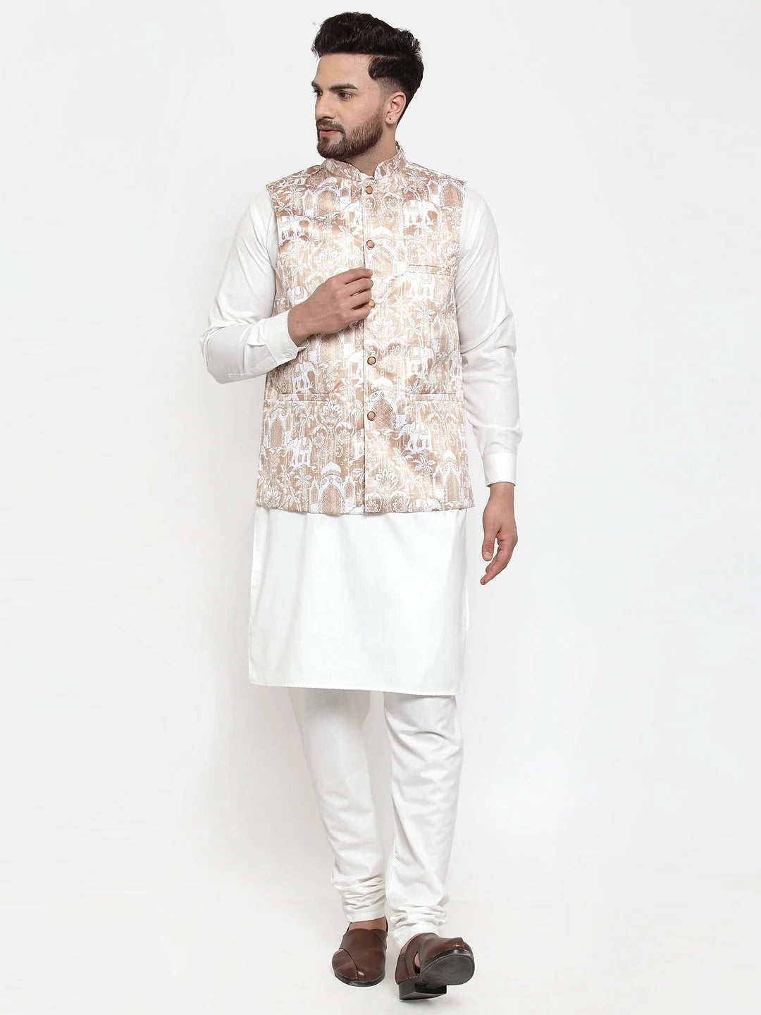 Mens Kurta Pajama Set with Printed Waistcoat - Solid Cotton