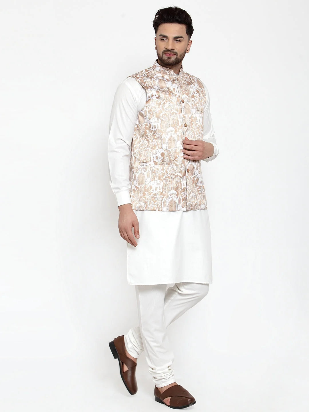 Mens Kurta Pajama Set with Printed Waistcoat - Solid Cotton