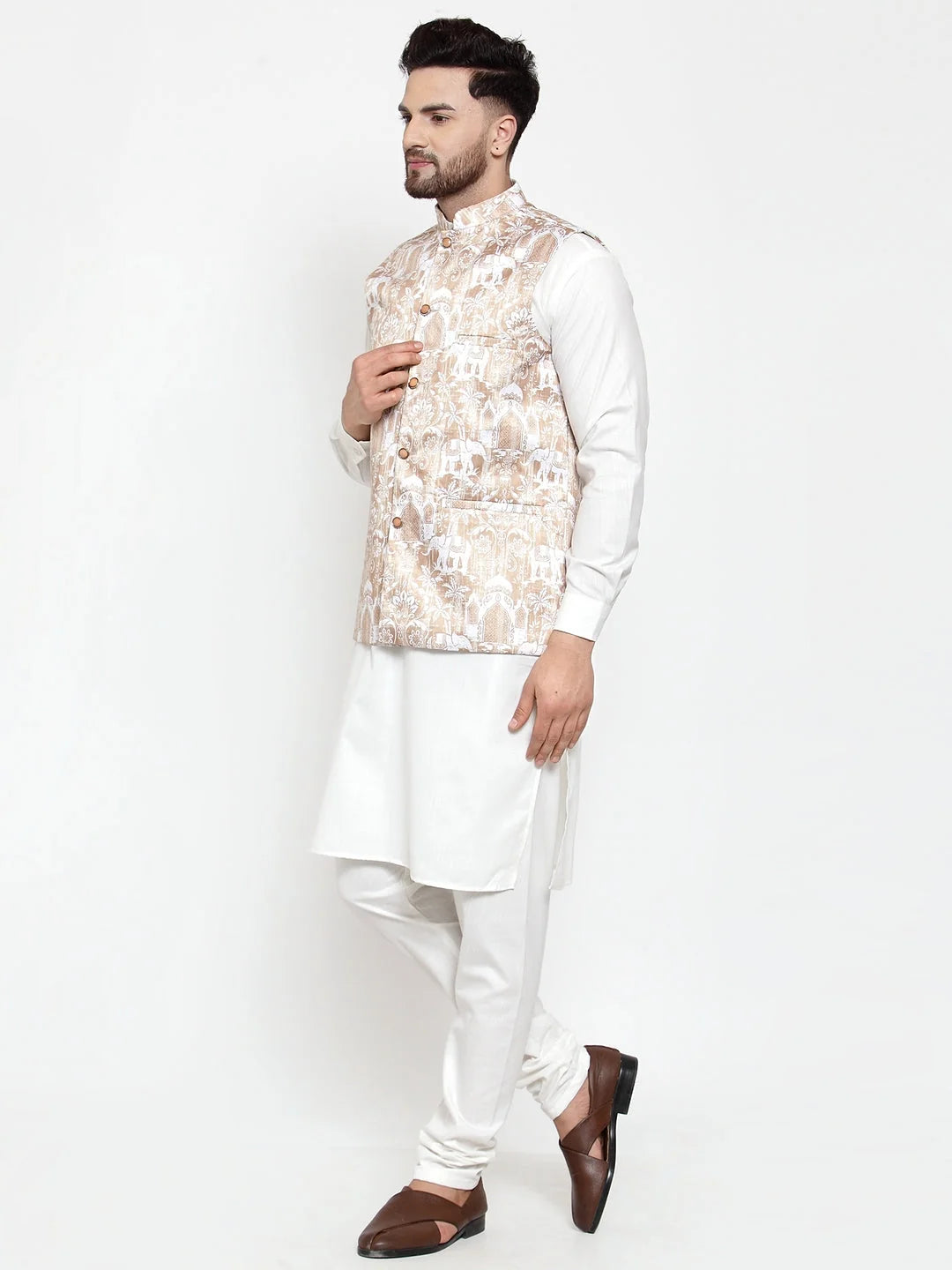 Mens Kurta Pajama Set with Printed Waistcoat - Solid Cotton