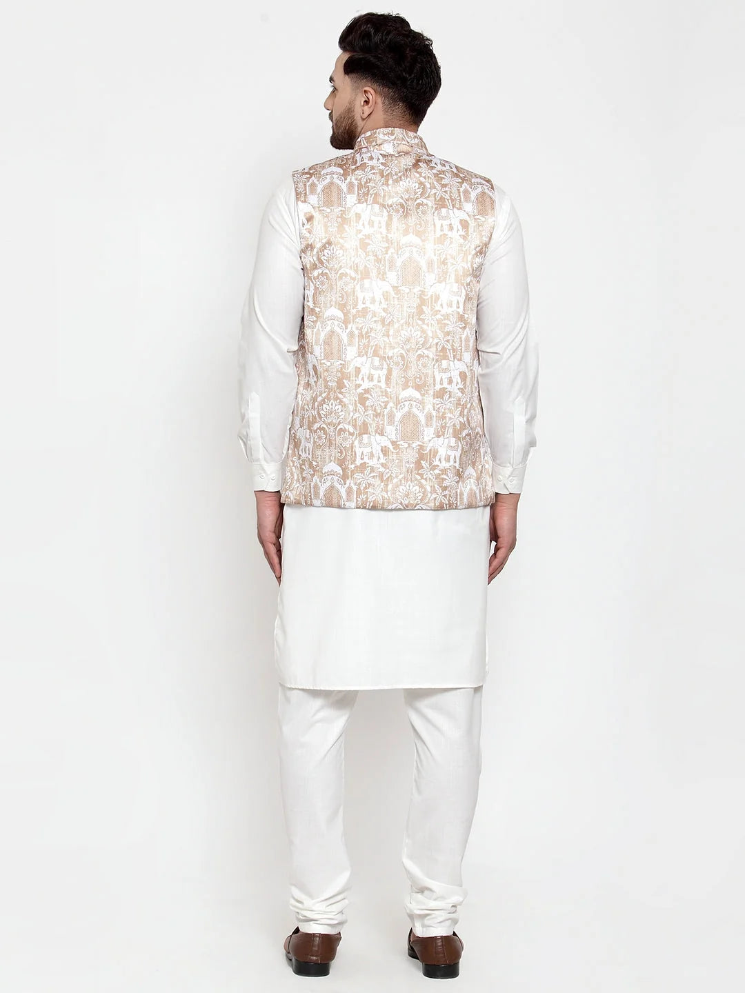 Mens Kurta Pajama Set with Printed Waistcoat - Solid Cotton