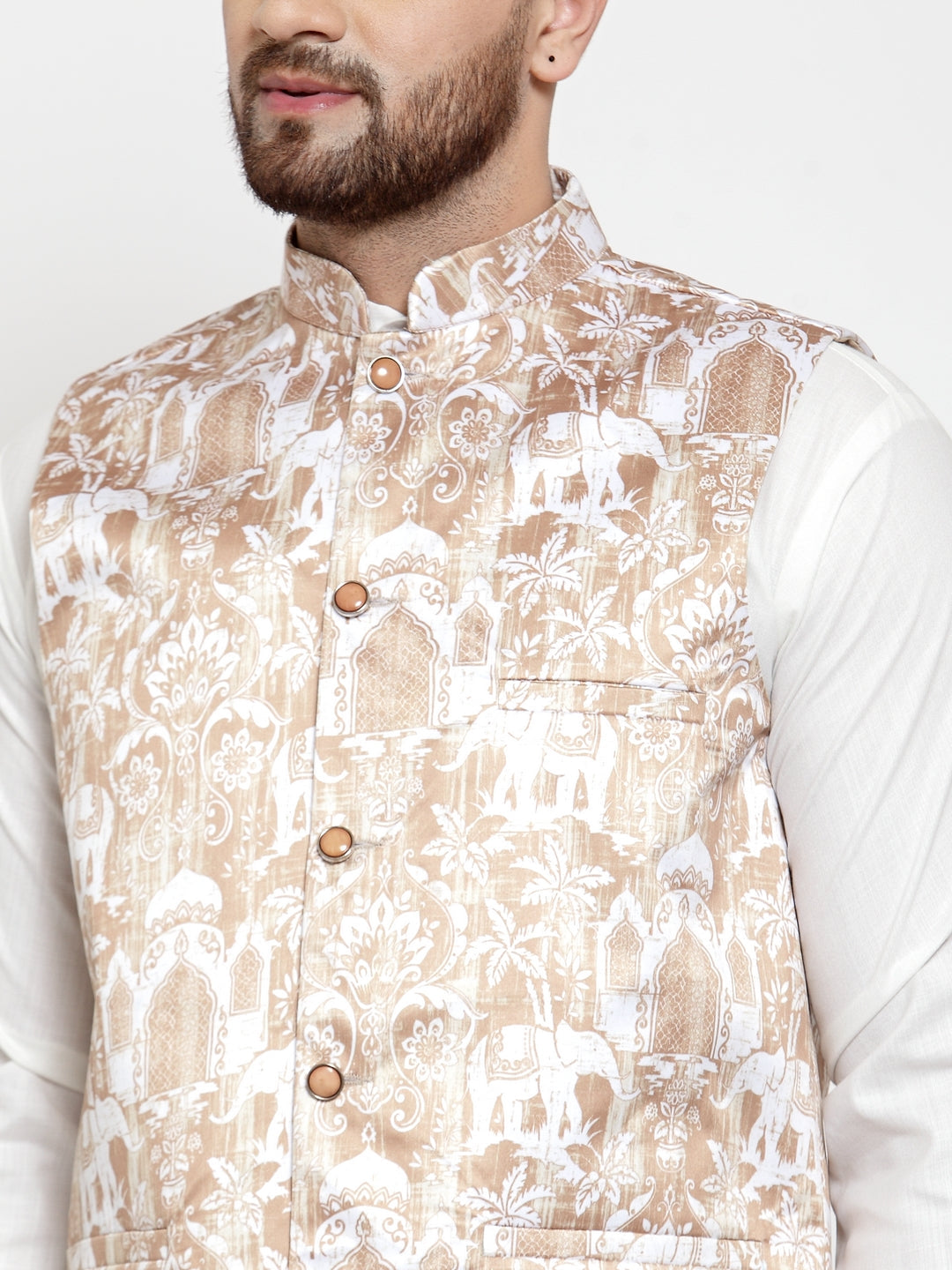 Mens Kurta Pajama Set with Printed Waistcoat - Solid Cotton