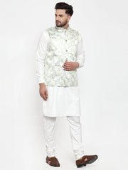 Men's Solid Cotton Kurta Pajama with Printed Waistcoat
