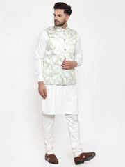Men's Solid Cotton Kurta Pajama with Printed Waistcoat