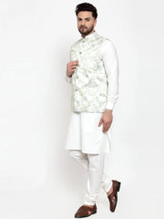 Men's Solid Cotton Kurta Pajama with Printed Waistcoat