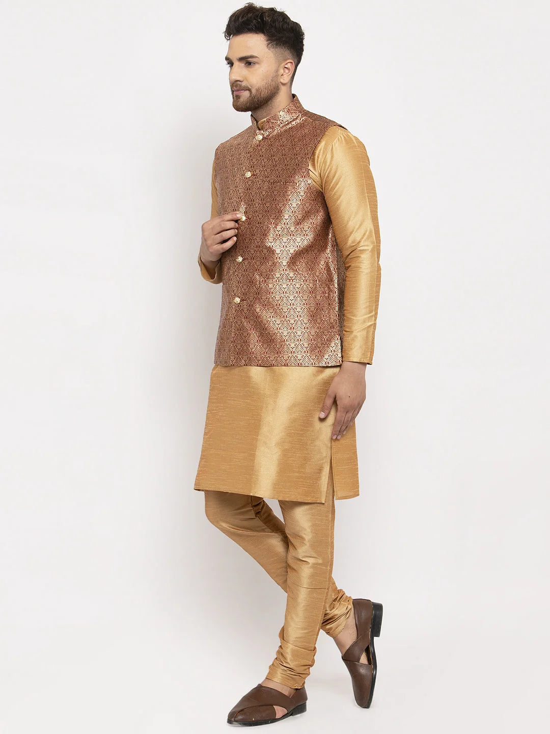 Men's Solid Kurta Pajama with Jacquard Waistcoat | Shop Now