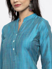 Women Blue & Green Self-Striped Kurta with Trousers ( JOKS 1310 Blue )-JOKS-1310
