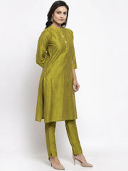 Women Green Self-Striped Kurta with Trousers ( JOKS 1310 Green )-JOKS-1310