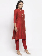 Women Red Self-Striped Kurta with Trousers ( JOKS 1310 Red )-JOKS-1310